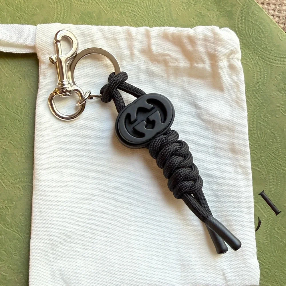 Gucci Black Interlocking G Knotted Cord Keychain Swivel Hook 834480 JAAIT 001